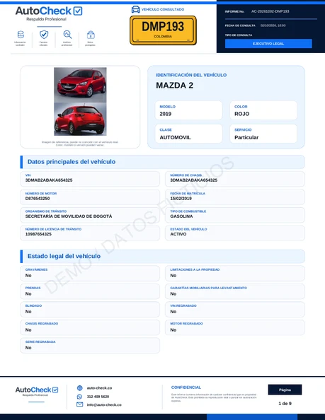 Portada del informe demo Ejecutivo Legal, con marca de datos ficticios