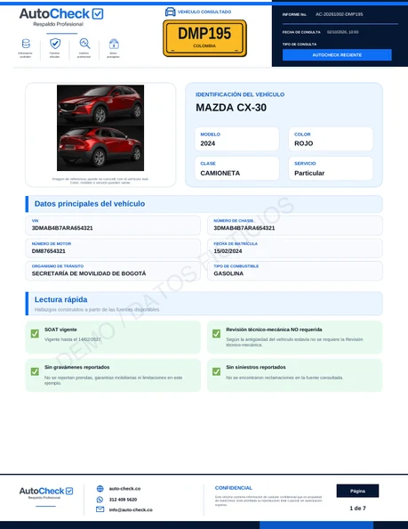 Portada del informe demo Reciente, con marca de datos ficticios